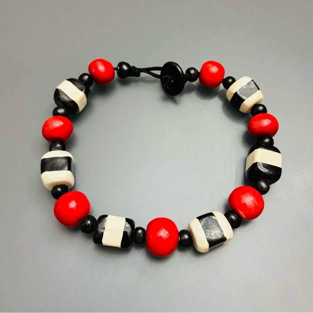 Handmade Ceramic Necklace Chunky Choker Statement VNTG Black Red White marked TK